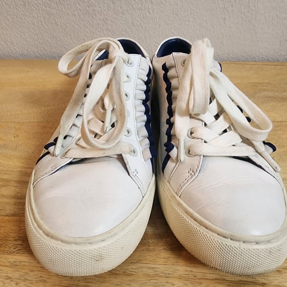 Tory Sport Shoes Womens Size 7.5 White Navy Leather Lace Up Low Top Sneakers - Picture 7 of 10